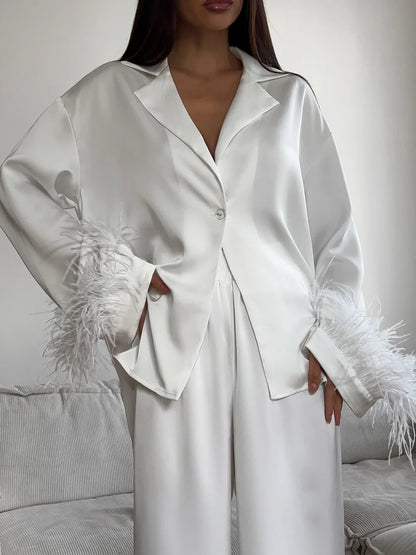 Marthaqiqi Feathers Female Nightgowns Suit Sexy Turn-Down Collar Sleepwear Long Sleeve Nightwear Pants Fashion Women Pajamas Set
