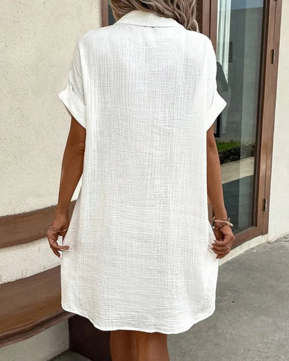 Women's Fashion Summer Minimalist V-neck Button Up Dress Woman Cotton Linen White Short Sleeved Pocket Casual Loose Shirt Dress Badiee Stylez
