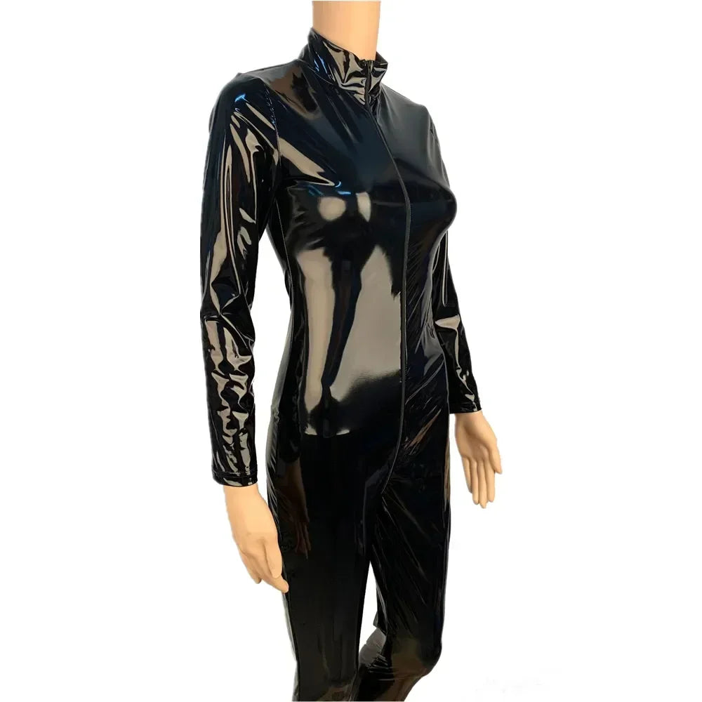 2025 Halloween Women's Wet Look Shiny PU Faux Leather Jumpsuit Suit Long Sleeve Zipper Open Crotch Latex Bodysuit Clubwear Badiee Stylez