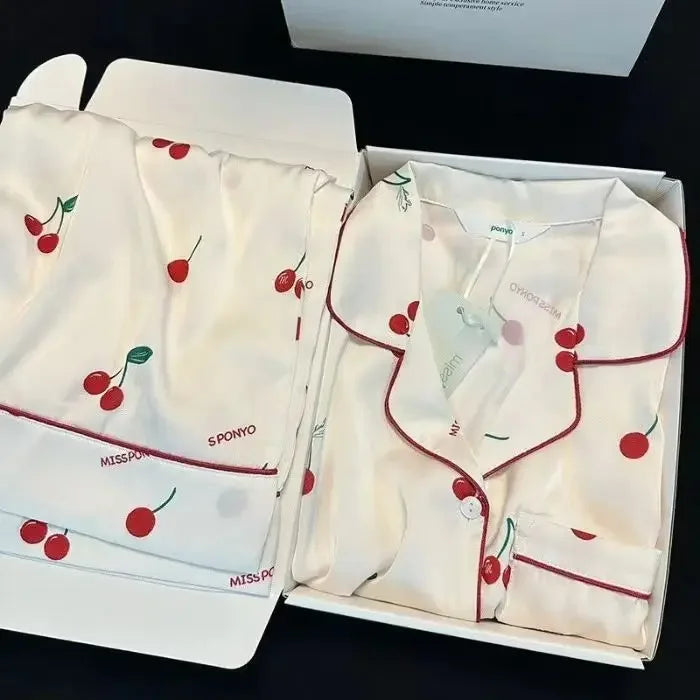 Women's Gray Ink Painting Ice Silk Pajamas Ladies Spring and Autumn Thin Long-Sleeved High-End Sleepwear Loungewear Cherry Print Cherry