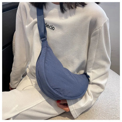 Solid Color Women's Portable Shoulder Bag Simple Female Nylon Cloth Padded Crossbody Bags Travel Purse Handbags Messenger Bag