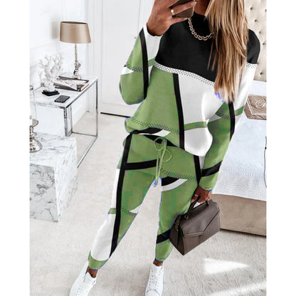 Women Casual Two Piece Sets Fashion Geometric Print O-Neck Long Sleeve Tops and Drawstring Pencil Pants Sets Office Lady Outfits Badiee Stylez