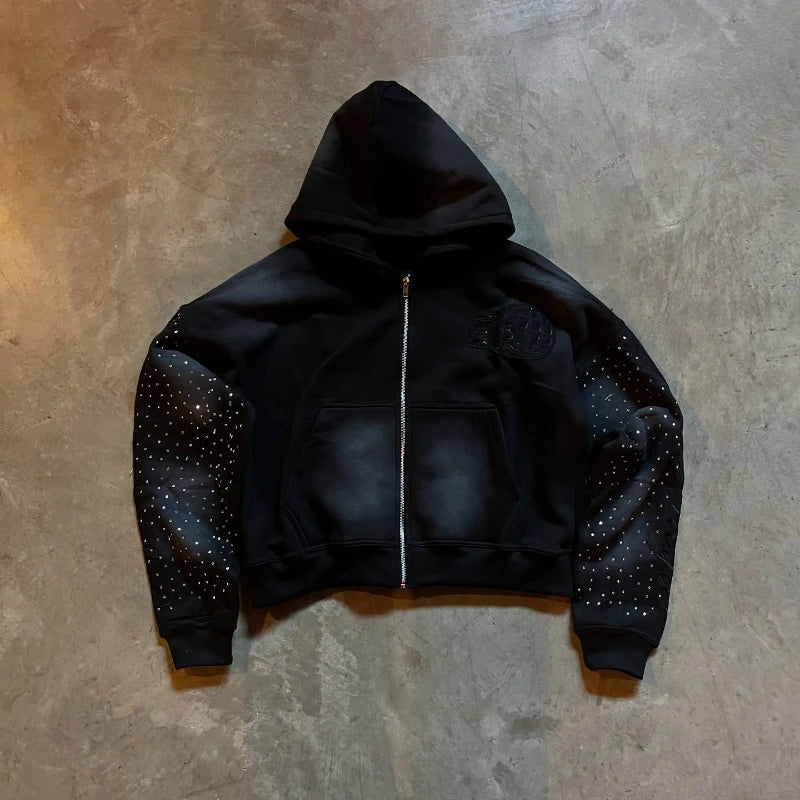 Autumn and winter European loose rhinestone decal retro zipper hoodie y2k Harajuku casual solid color sports design street hoodi