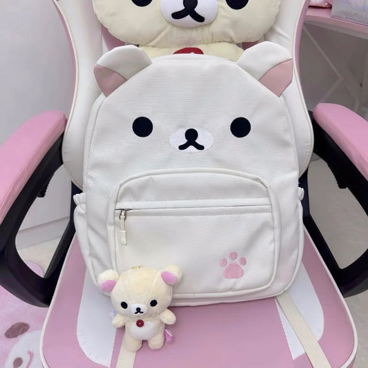 Cute Rilakkuma Backpack Anime Cartoon Embroidery Backpack Stylish Large-Capacity Student School Bag Nylon Multifunctional Bags White