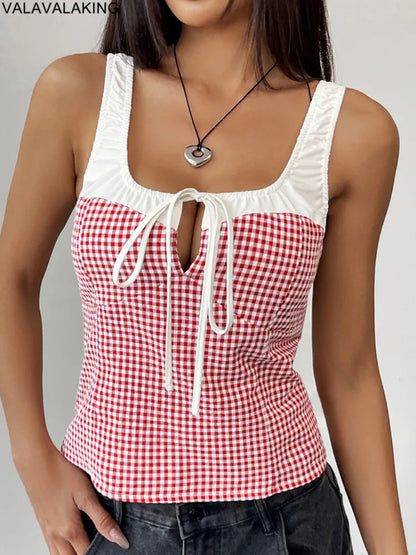 2025 Sexy Female Sleeveless Bodycon Strap Top Summer Women Hollow Patchwork Short Vest Lady Off Shoulder Clud Crop Tops Clothes Red