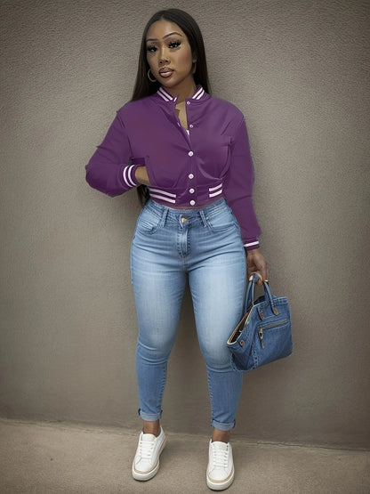 Spring and Autumn European and N Women's Pure Color Jacket Single-breasted Baseball Jacket Jacket PURPLE