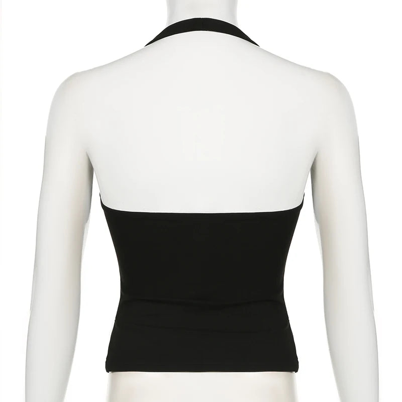 Cuteandpsycho Halter Neck Sext Tops Solid Basic Clubwear Fashion Slim Backless Cloth for Women Y2K Vintage 2000s Streetwear Tee