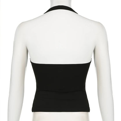 Cuteandpsycho Halter Neck Sext Tops Solid Basic Clubwear Fashion Slim Backless Cloth for Women Y2K Vintage 2000s Streetwear Tee