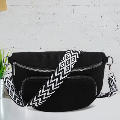 Corduroy Chest Bag Fashion Fanny Pack Wide Guitar Strap Casual Waist Bag Multi-pockets Hobo Sling Bag Outdoor Travel Bag Black