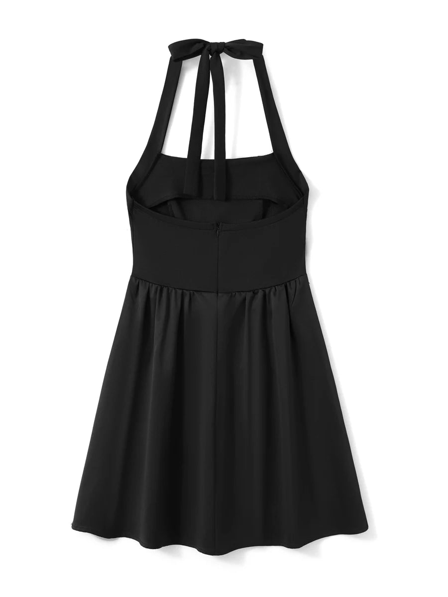 Women Summer Fashion Sexy Mini Tank Dress Sleeveless Halter Neck Solid Tie Up A-line High Waist Party Clubwear Bubble Dress