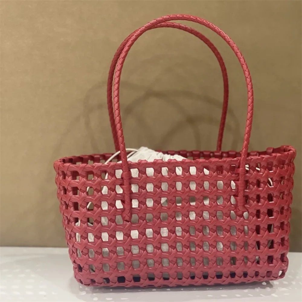Plastic Hollow Weave Bag Countryside Style Bohemian Style Beach Tote Bag Large Capacity Bucket Bag Vegetable Basket Bag