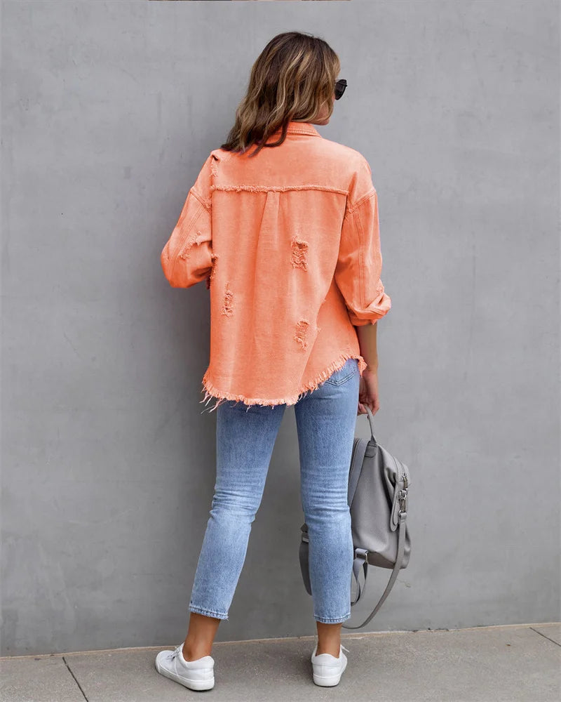 2025 Spring Autumn Shirt Style Denim Jacket Women Holes Raw-edges Jeancoat Casual Tops Female Oversize Loose Outerwear 7 Colors