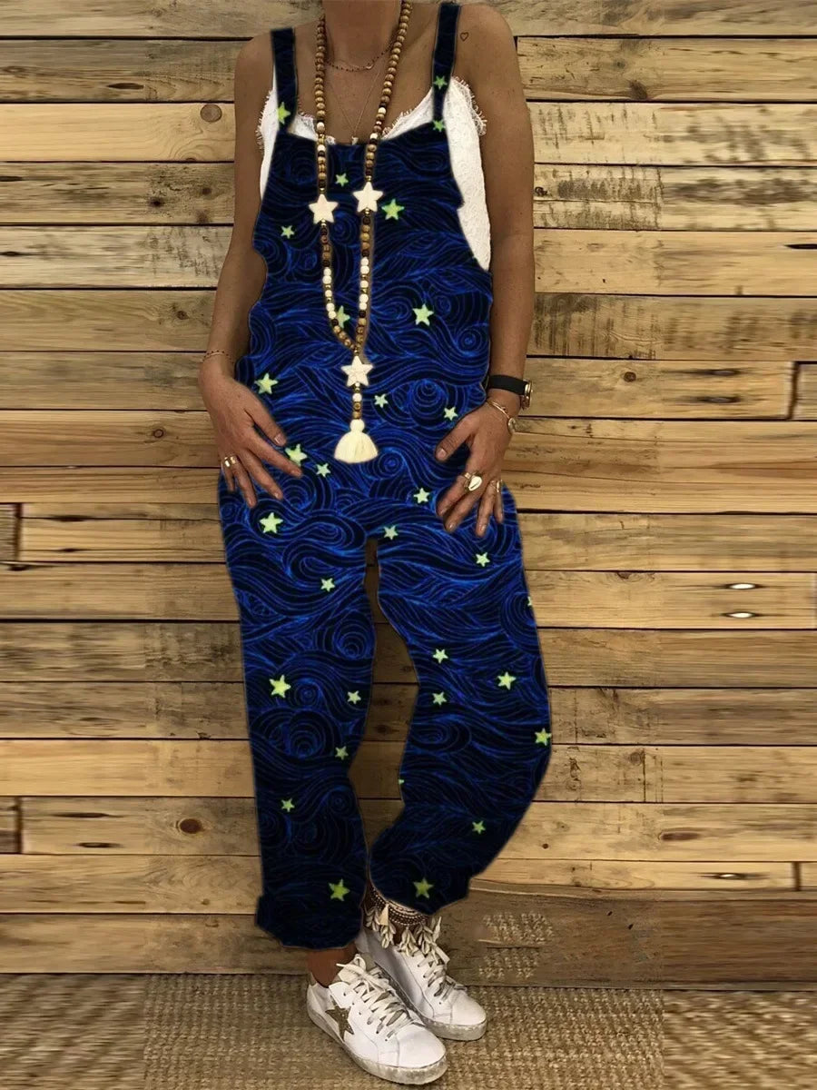 Women Overalls Summer Jumpsuits Thin Vintage Sweet Print Suspenders Loose Female Casual Large Size New Straight-leg Pants 9