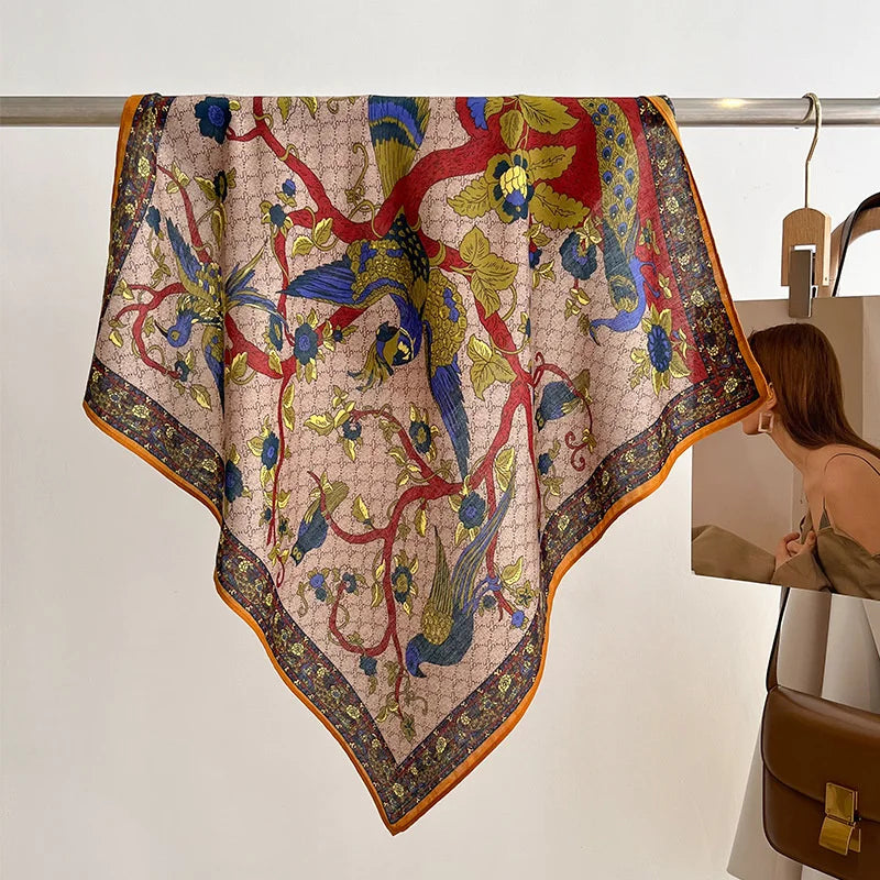 Fashion 70cm Cotton Square Scarf Women Floral Print Design Bandanas Lady Scarves Headband Accessories Handkerchief Hair QME156-01 65x65cm