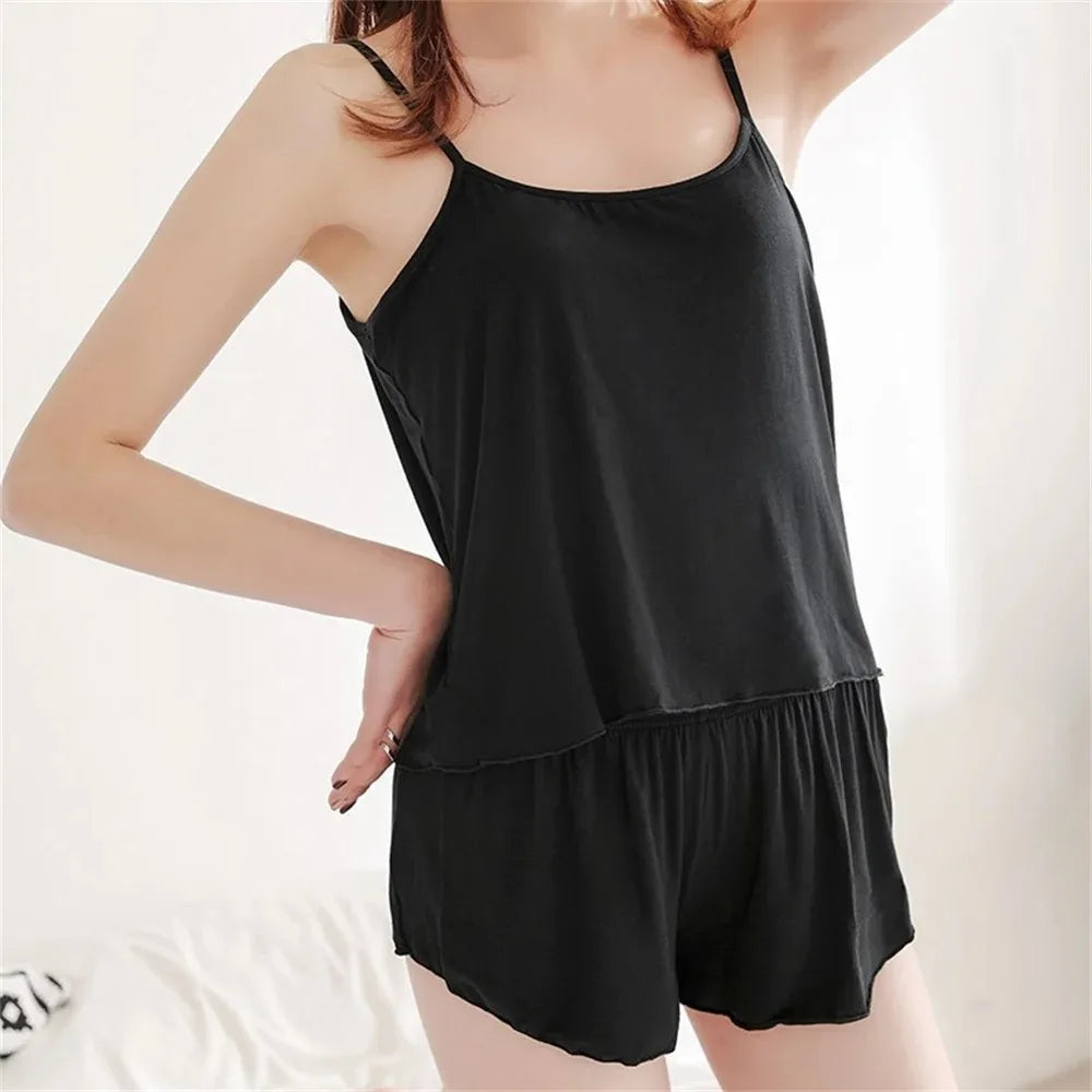 Solid Color Women Ice Silk Pajamas Sleepwear Pajama Set Satin Camisole Shorts Low Cut Comfortable Casual Summer Smooth Soft Black