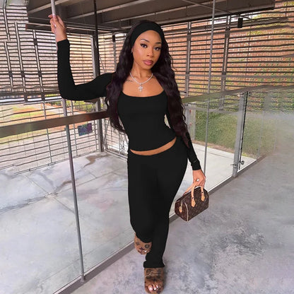 Fashion Soild Women's Set Long Sleeve Yellow U Neck Shirt and Flared Pants 2024 Elegant Tracksuits Two 2 Piece Set Outfits black