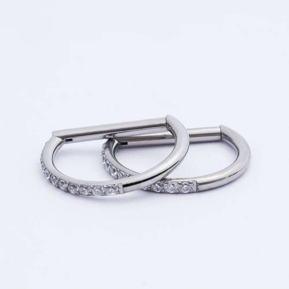 G23 Titanium Piercing Jewelry 16G 8/10/12mm Nose Ring Half Ring CZ Paved D Shape Segment Ring Clicke Cartilage Tragus Helix Lip