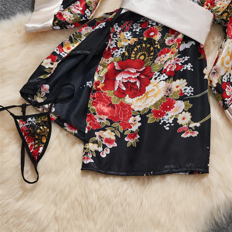 Japanese Sexy Print Kimono Slim Fit V-Neck Nightgown Loose Petal Sleeves Women's Erotic Lingerie Mini Irregular Patchwork Dress