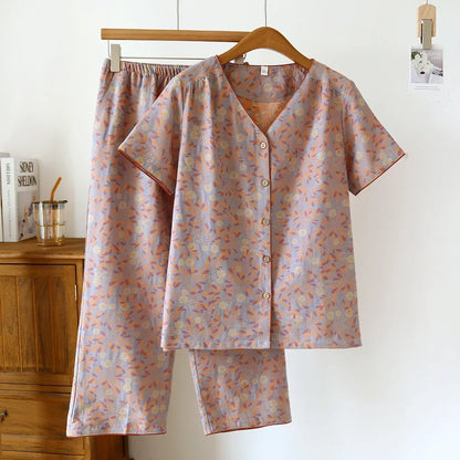 2025 Spring/Summer New Women's Pajama Set 100% Cotton Short Sleeve+Capris Two Piece Set for Large Flower Thin Home Furnishing 01