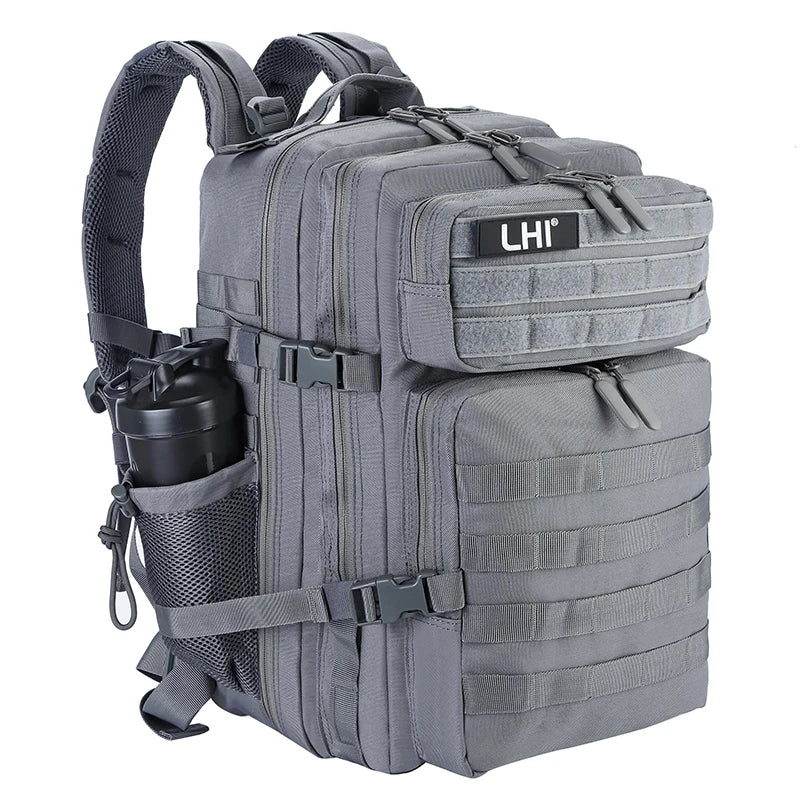 LHI 45L Tactical Backpack for Men and Women Large Athlete Gym Bag Outdoor Sports Hiking Survival Rucksack with Bottle Holder Grey
