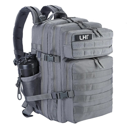 LHI 45L Tactical Backpack for Men and Women Large Athlete Gym Bag Outdoor Sports Hiking Survival Rucksack with Bottle Holder Grey