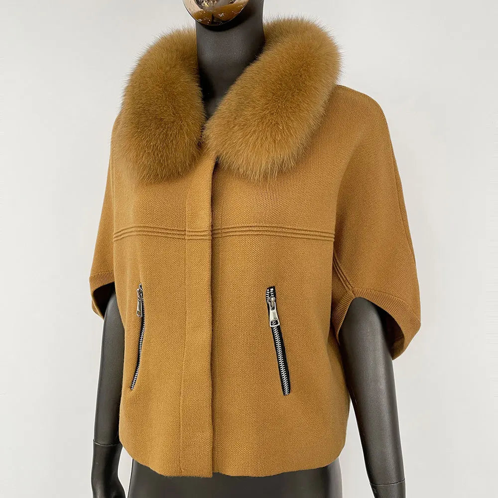 FURYOURSELF 2025 New Real Fox Raccoon Fur Collar Coat Knitted Sweater Women Short Sleeve Jacket Thick Warm Outerwear streetwear