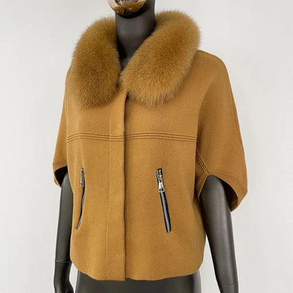 FURYOURSELF 2025 New Real Fox Raccoon Fur Collar Coat Knitted Sweater Women Short Sleeve Jacket Thick Warm Outerwear streetwear