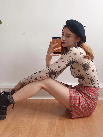 Sun Moon Printed Transparent Mesh Sexy T-Shirt Women O-Neck Long Sleeve Slim Basic Casual Female Tops 2023 Spring New WHITE