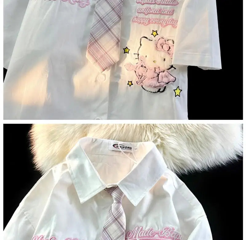 Hello Kitty Cute Short Sleeve Polo Shirts Women Sanrio Designer College Style Summer Blouse Korean Clothes Y2k New Fashion Tops