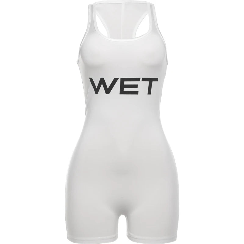Weird Puss Letter Print Romper Women Low-Neck Sporty Casual Sleeveless Stretch Activity Skinny Playsuit Tight Short Overalls