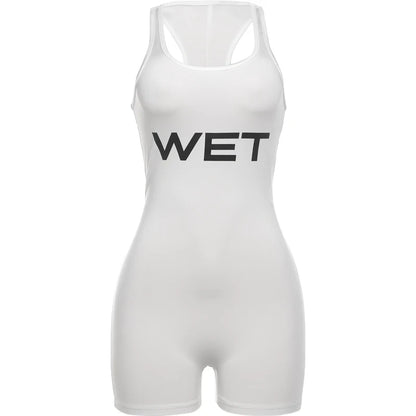 Weird Puss Letter Print Romper Women Low-Neck Sporty Casual Sleeveless Stretch Activity Skinny Playsuit Tight Short Overalls