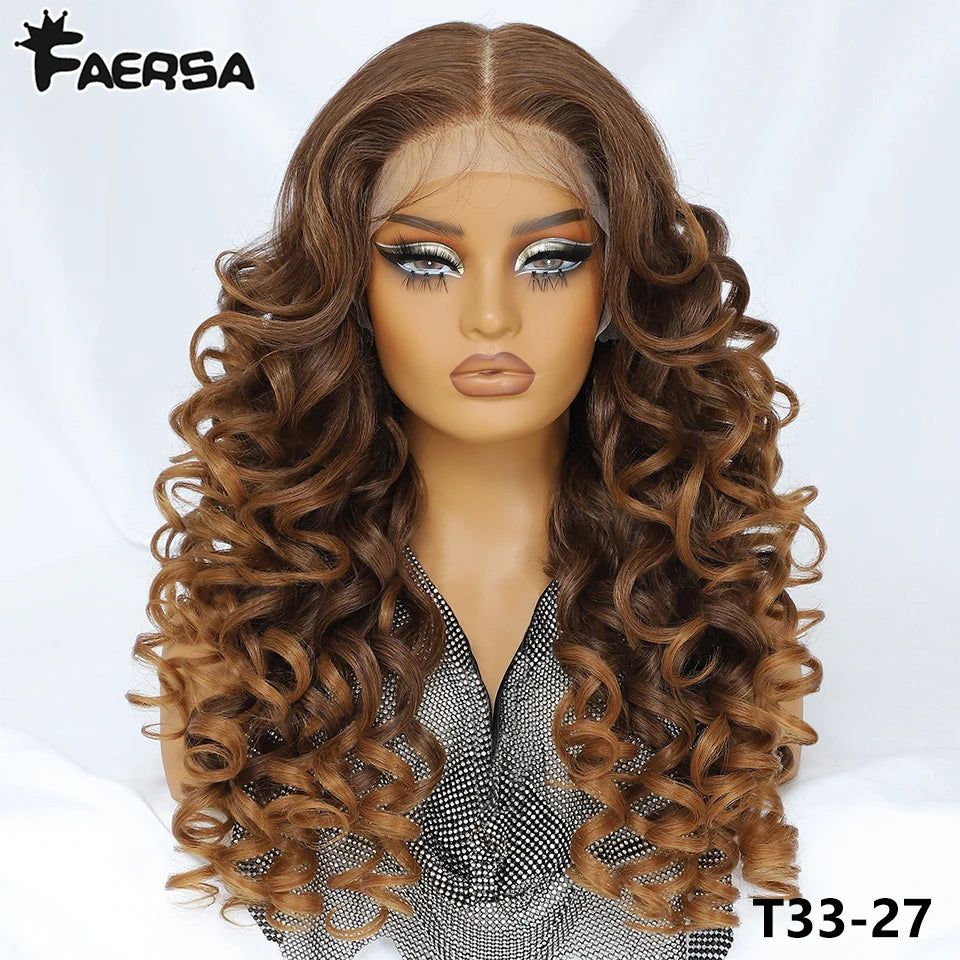 Latisha 13X6 HD Synthetic Lace Front Wigs Curly Pre Plucked Lace Frontal Wig with Bangs for Women Highlight with Babyhair 24Inch Badiee Stylez