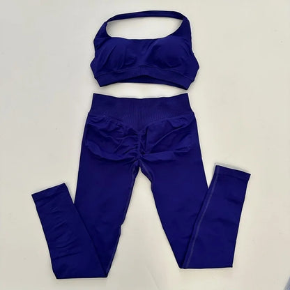 No Logo Yoga Legging Sets for Women Seamless Yoga Set Scrunch Butt Legging Set Workout Gym Suit with Halter Crop Top Badiee Stylez