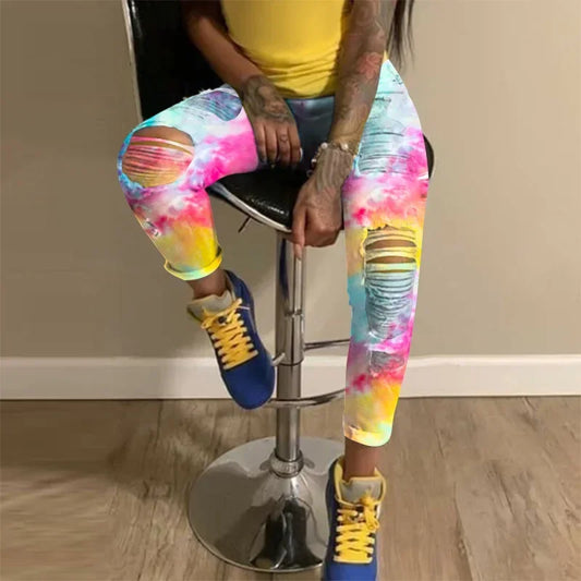 2025 New Ripped Jeans For Women Yellow Scratch Denim Pencil Pants High Waisted Stretch Skinny Hollow Out Sexy Female Mujer light blue yellow