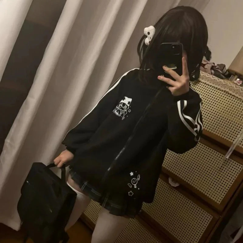 Black Cute Sweatshirts Coat Women's Clothing Stand Neck Zipper Jackets Y2k Tops Fashion Casual Hoodies Ropa Mujer Chic