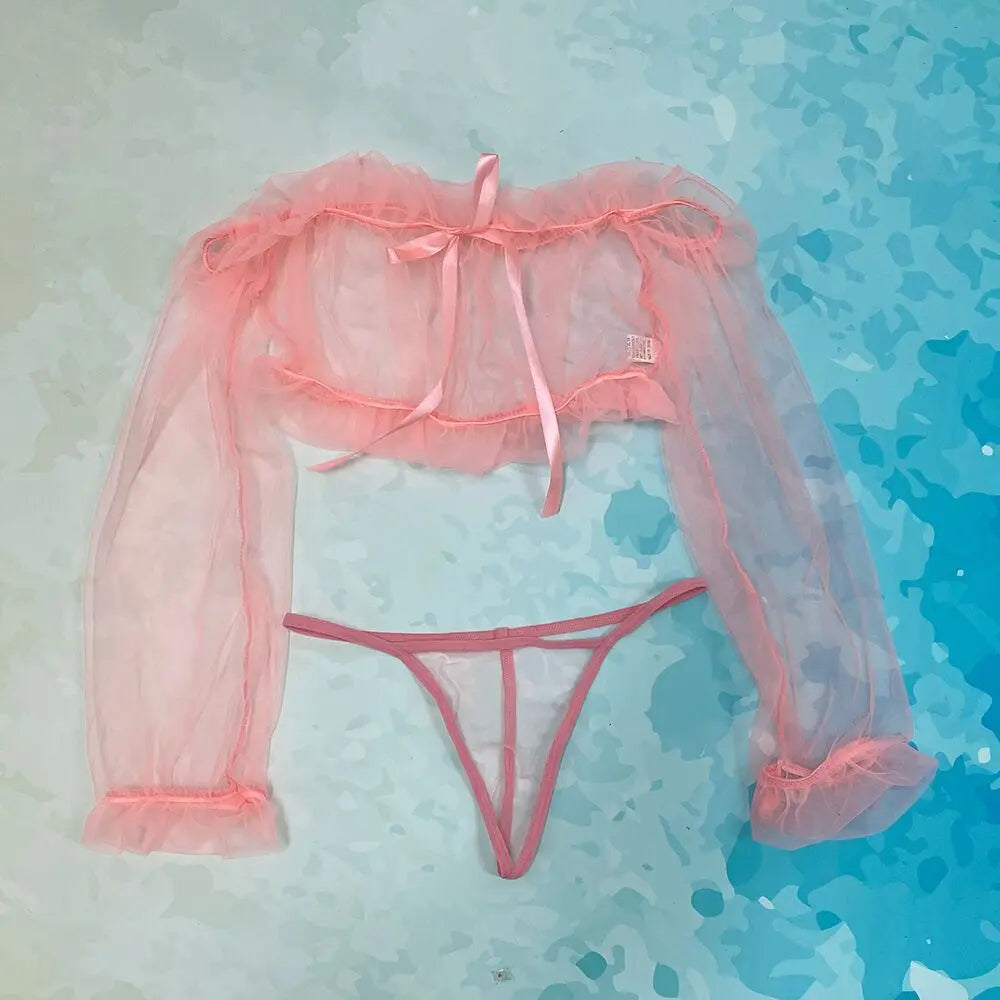 Sexy Lingerie Woman Erotic Pajamas Lace Lingerie Sex Clothes Babydoll Erotic Transparent Porn Blue Sexy Tops Thong Set Lingerie 53-meifen