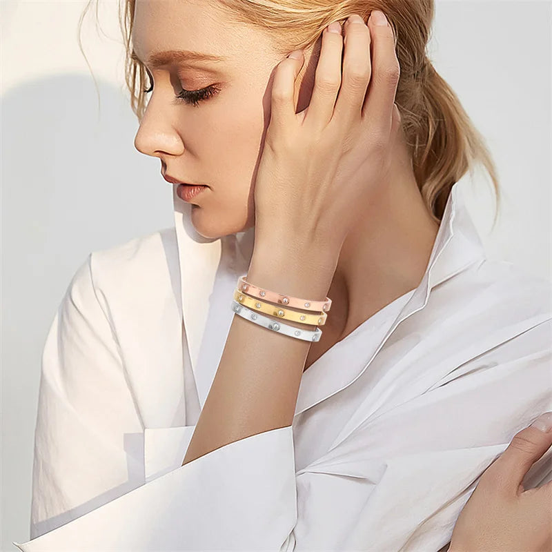 Stainless Steel Bracelets On Hand 6mm 4mm Bangles For Women Jewelry Lady Girl Women's Fashion Rhinestone Titanium Designer Gifts