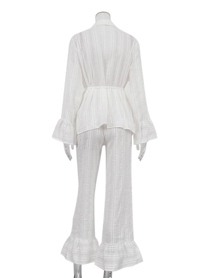 Marthaqiqiq Casual Women Nightgown 2 Piece Suit Long Sleeve Nightwear Turn-Down Collar Sleepwear Pants Loose Home Clothes Ladies