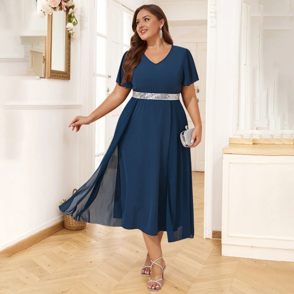 Plus Size Womens Elegant Butterfly Sleeve Sequin V-Neck Midi Dress Ladies Party Cocktail Evening Banquet Ball Gown Size 0XL-5XL
