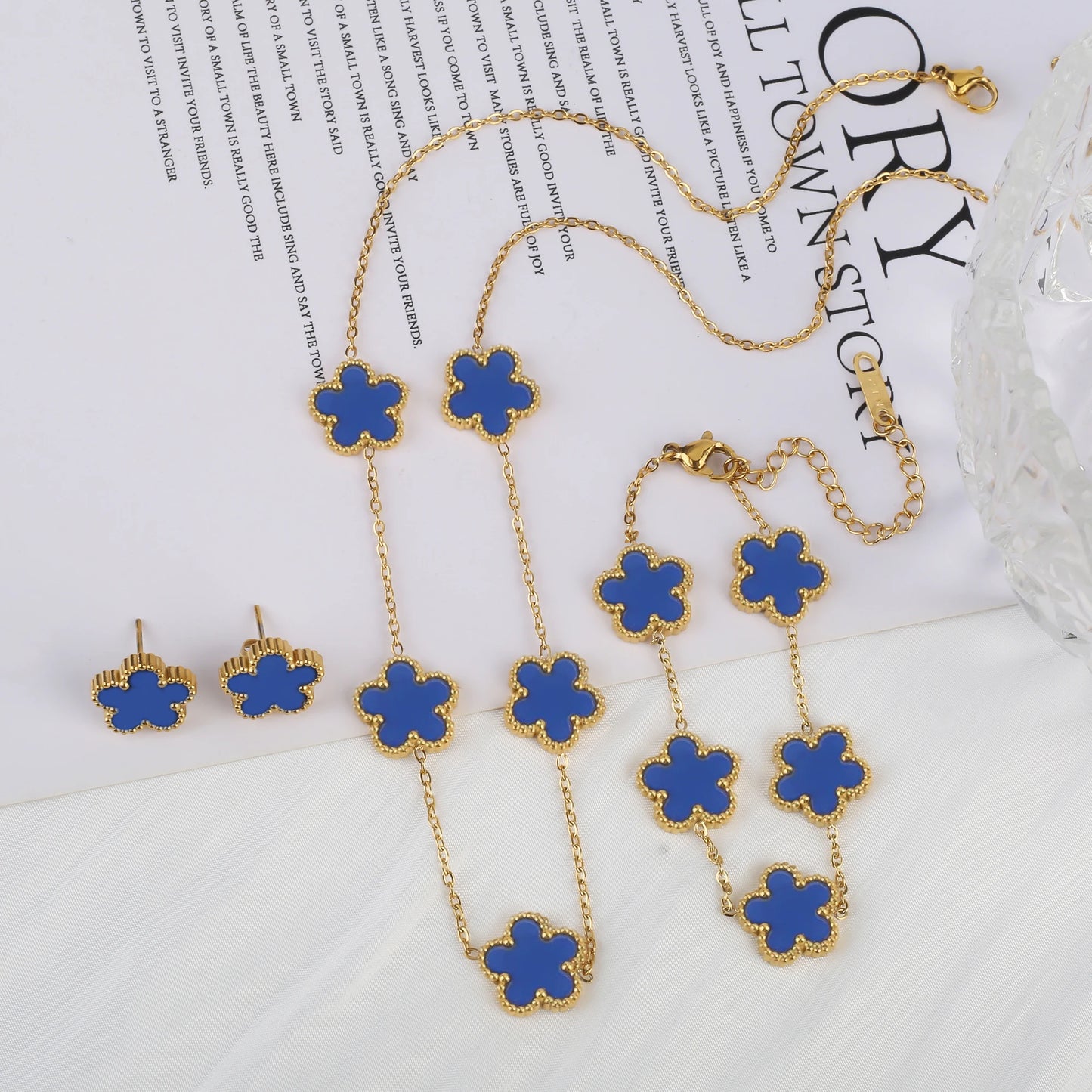 3Pcs Stainless Steel Hot Selling Gold Plated Clover Necklace Earrings Bracelet Jewelry Set Five Leaf Flower Jewelry For Women