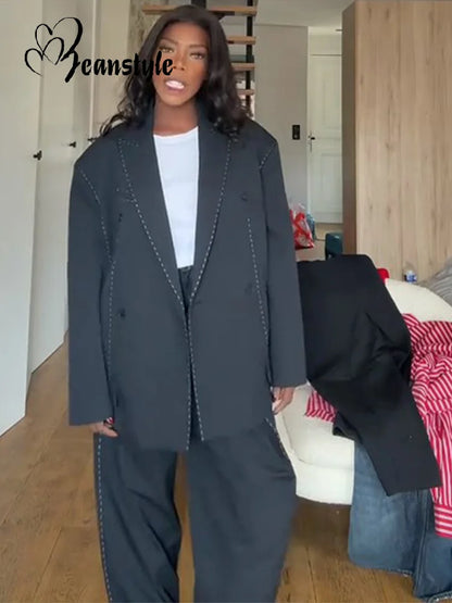 Casual Women's Blazer Pant Suits Loose Lapel Doube-Breasted Top Straight Pants Lady Set 2025 Autumn New 2 Pieces Sets Women Badiee Stylez