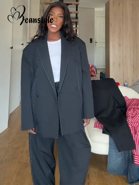 Casual Women's Blazer Pant Suits Loose Lapel Doube-Breasted Top Straight Pants Lady Set 2025 Autumn New 2 Pieces Sets Women Badiee Stylez