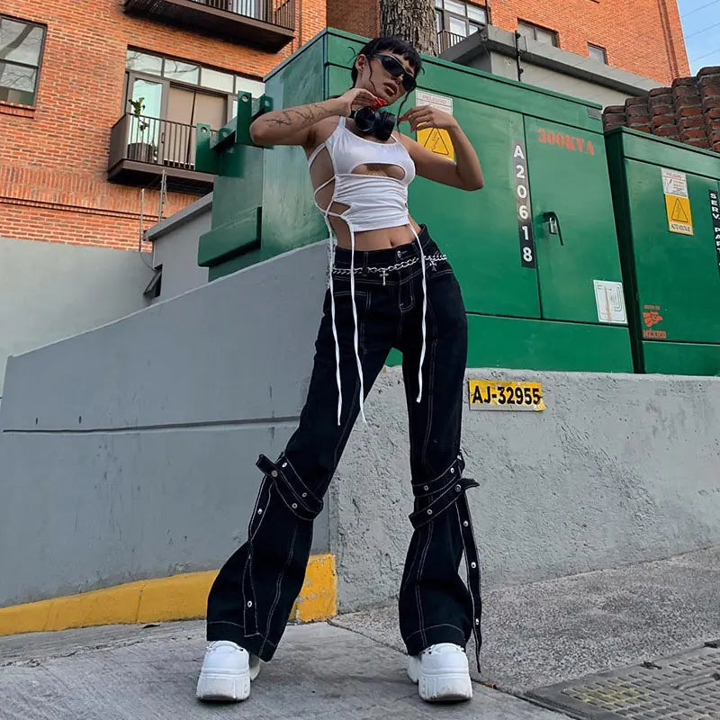 Y2K Sexy Backless Summer Crop Top Women Hollow Out White Sleeveless Bandage Halter Tank Tops Streetwear Cami 90s