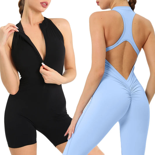 Scrunch Gym Jumpsuit Women's Fitness Suit Short Sets Sports Overalls for Woman Tracksuit Yoga Clothing Zipper Workout Sportswear