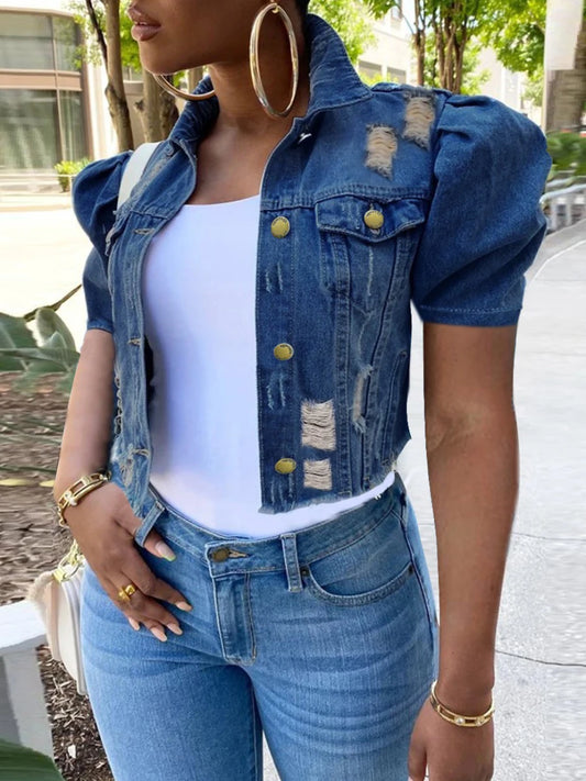 LW Spring Summer Plus Size Puff Sleeve Ripped Denim Jacket Street Plain Short Sleeve Button Turndown Collar Coat for Women
