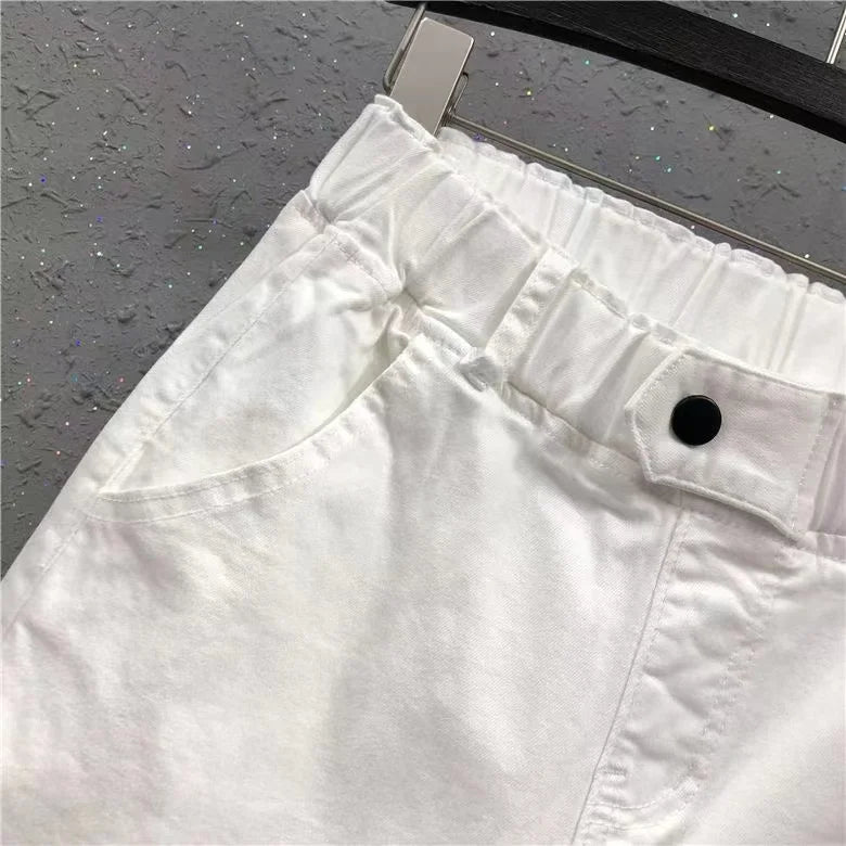 New Spring Summer Women Casual Harem Pants All-matched Casual Cotton Denim Pants Elastic Waist Solid Yellow White Jeans Female