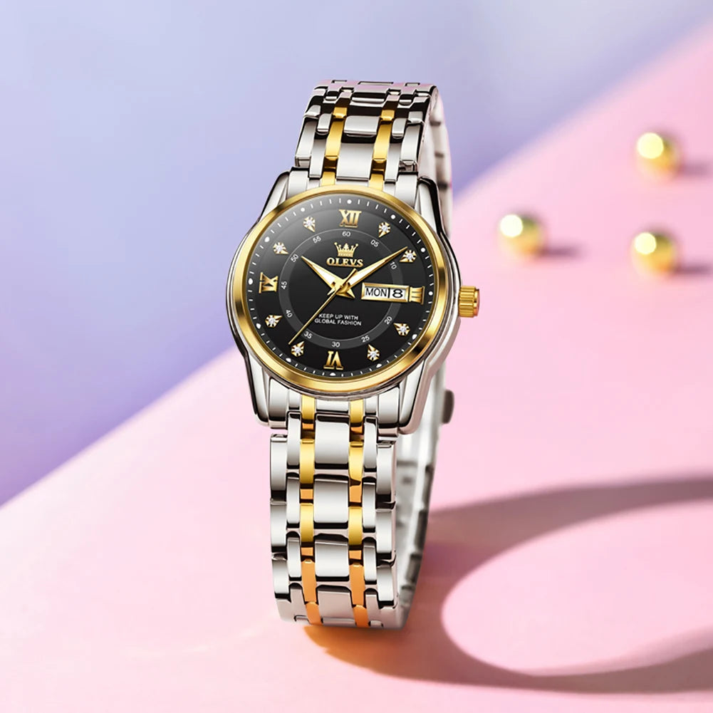 OLEVS 5513X Women Watch Original Fragrant Quartz Wristwatch Automatic Date Watches For Women Waterproof Luminous Gifts For Women Gold Black CHINA Yes