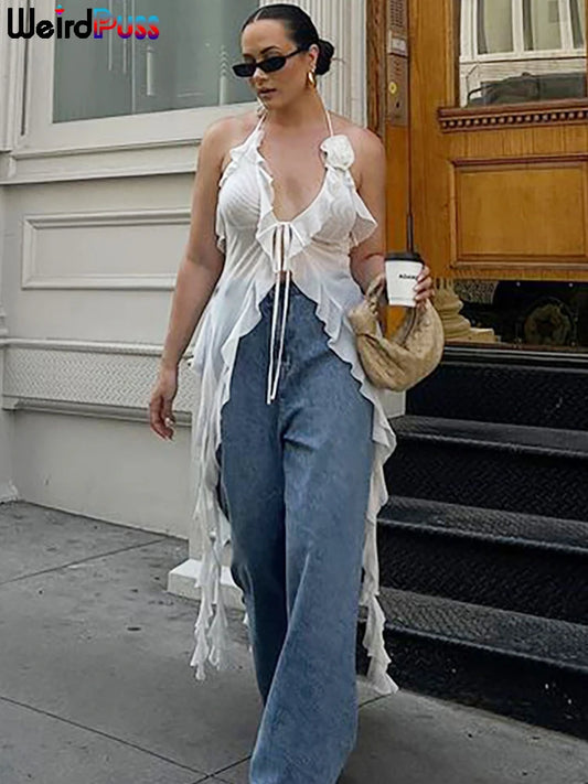 Weird Puss Ruffles Flowers Tank Tops Women Mesh Summer Sexy Deep V-Neck Irregular Tassel Halter Backless Camisole Wild Street WHITE