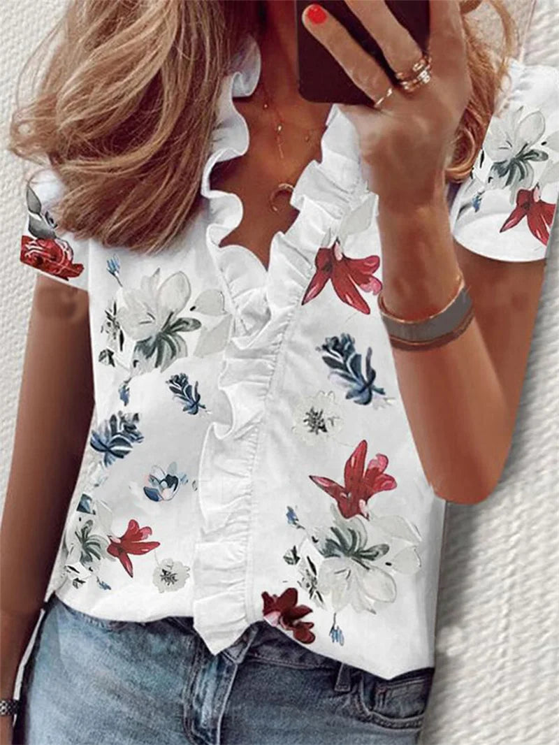 Casual Short Sleeve V-Neck Ruffles Blouses Elegant Office Ladies Shirt Summer Vintage Harajuku Slim Tops Female Boho Tunic Shirt BBL2016 Da Bai Hua