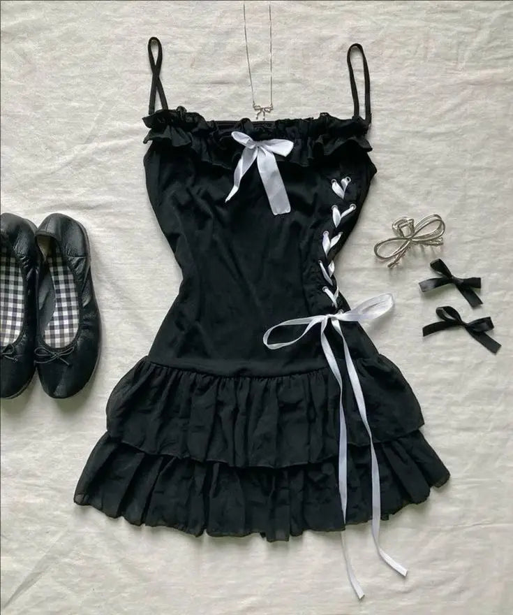 Sweet Korean Aesthetic Y2K Women Dress Classic Halter Bow Girl Tide Cute Sundress Casual Harajuku Vintage Slim Chic Frock Mini Navy Blue